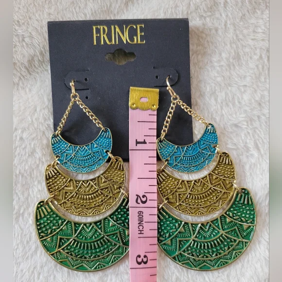 Fringe | Large Boho Embossed Gold Tone Blue/Green Layered Tribal Disc Earrings - Picture 5 of 7
